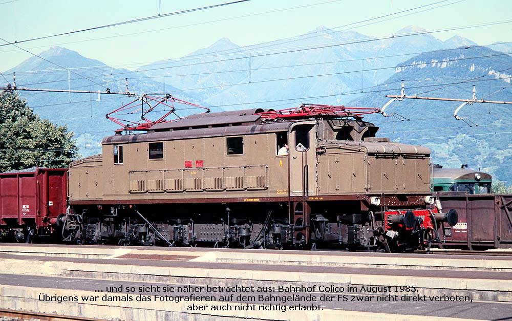 ... und so sieht sie näher betrachtet aus: Bahnhof Colico im August 1985.
Übrigens war damals das Fotografieren auf dem Bahngelände der FS zwar nicht direkt verboten,
aber auch nicht richtig erlaubt.