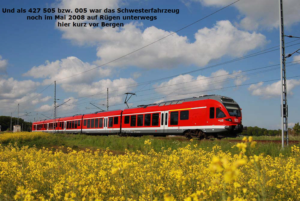 Und als 427 505 bzw. 005 war das Schwesterfahrzeug 
 noch im Mai 2008 auf Rügen unterwegs
hier kurz vor Bergen